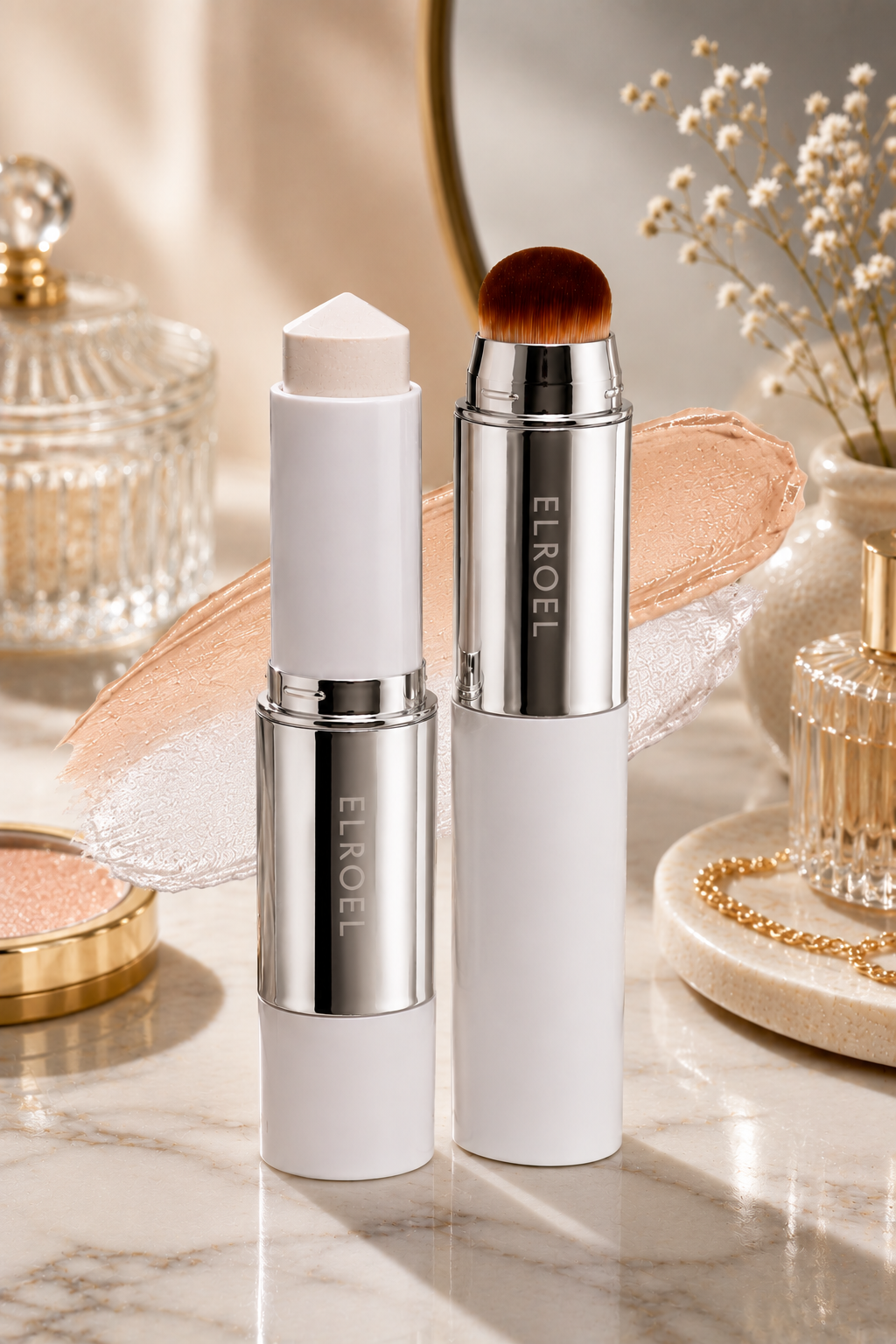 Stick V White - Korean Color-Changing Foundation Stick with Volufiline - Medium to Full Coverage Dewy Finish Base Makeup - Dual-Ended with Detachable Brush (202 Natural)