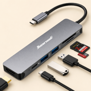 Hiearcool USB C Hub for MacBook – 7-in-1 USBC Adapter with 4K HDMI, 100W PD, USB 3.0 5Gbps Ports, SD/TF Card Reader – USB-C Dongle for Office, Meetings, Travel & Home Setup-Space