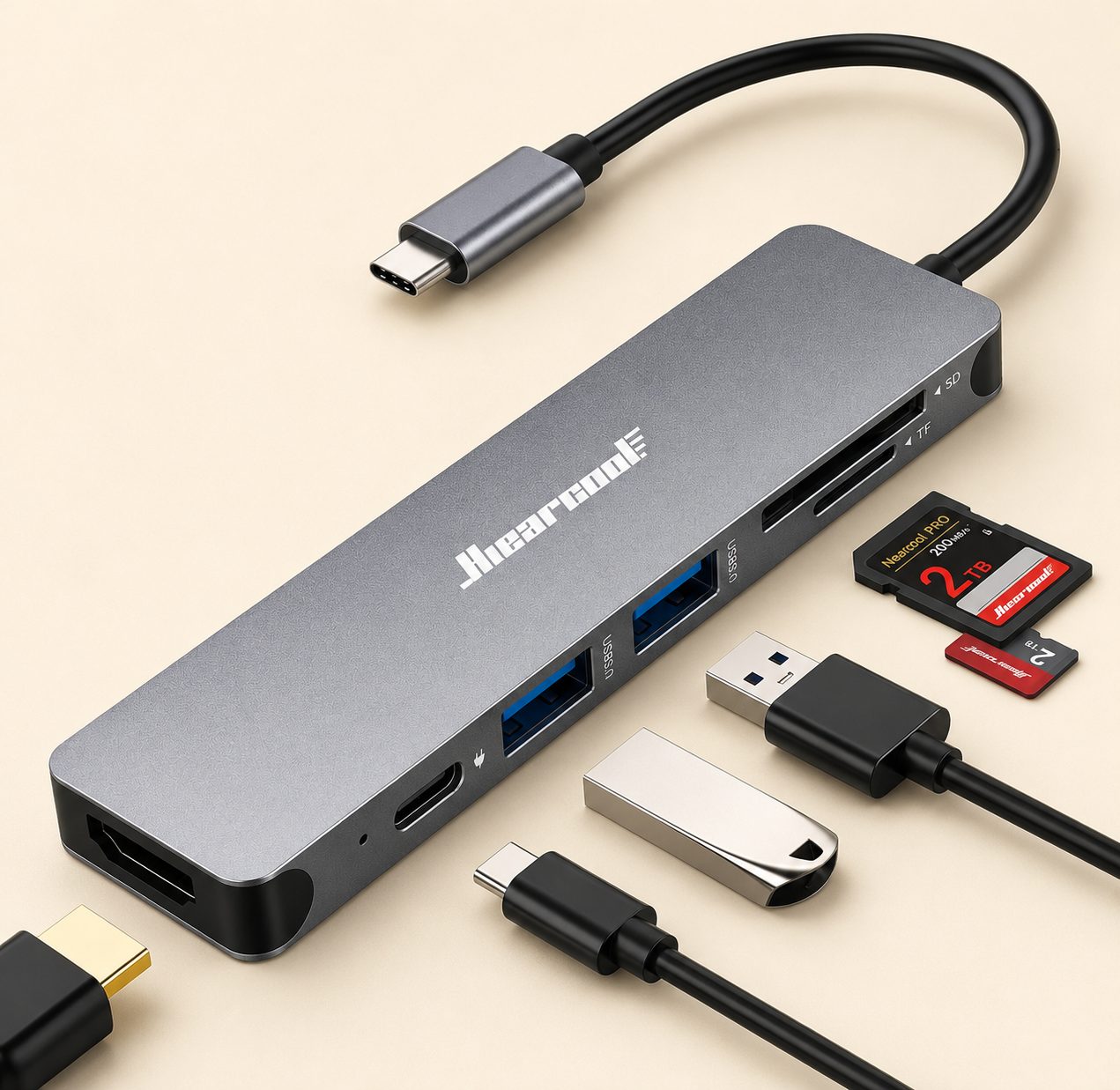 Hiearcool USB C Hub for MacBook – 7-in-1 USBC Adapter with 4K HDMI, 100W PD, USB 3.0 5Gbps Ports, SD/TF Card Reader – USB-C Dongle for Office, Meetings, Travel & Home Setup-Space