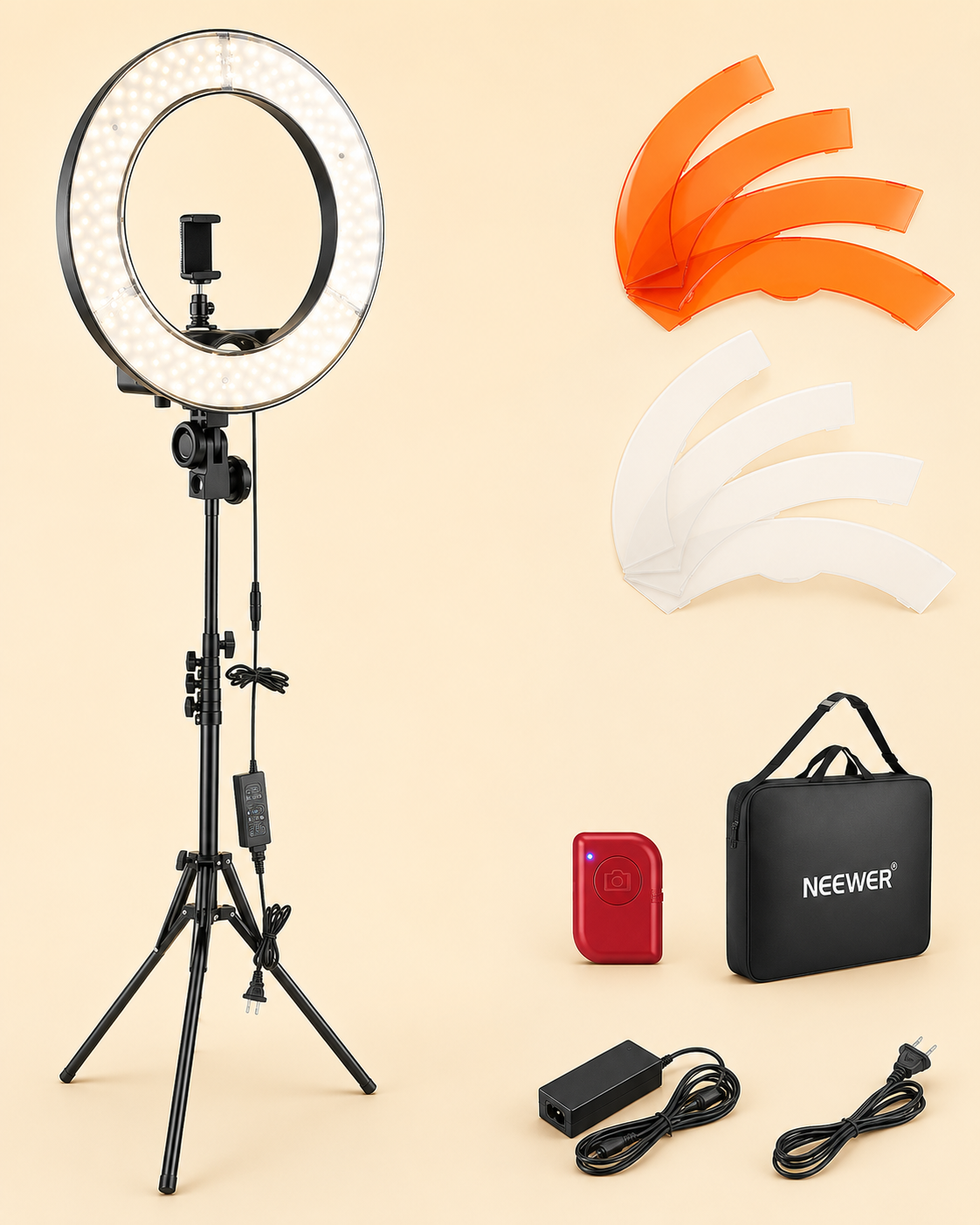 NEEWER Ring Light 18inch Kit: 55W 5600K Professional LED with Stand and Phone Holder, Soft Tube & Bag for Tattoo Lash Extension Barber Makeup Artist Studio Video Photography Lighting, RL-18