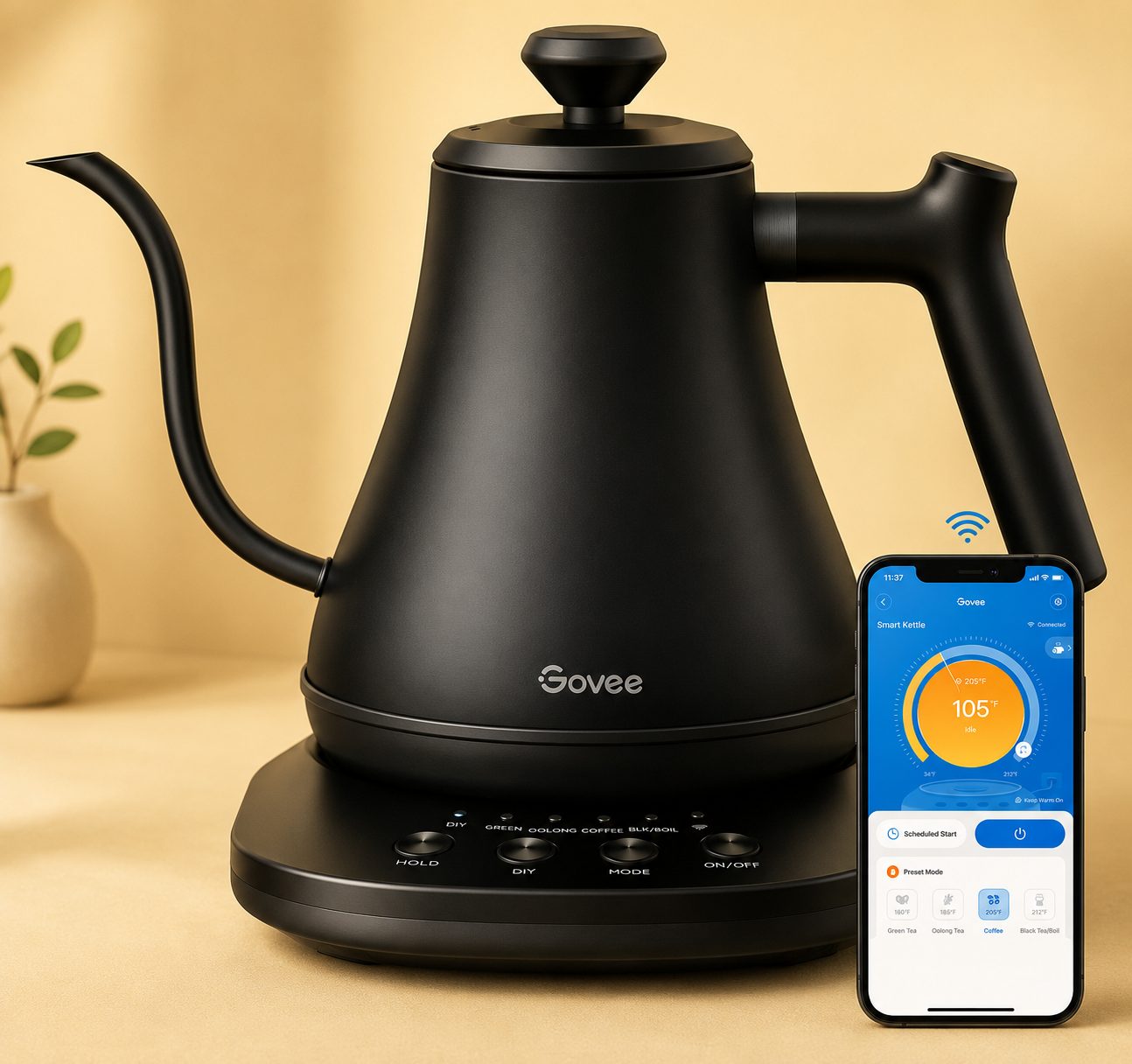 Govee Smart Electric Kettle, WiFi Variable Temperature Gooseneck Tea Kettle | Pour Over Kettle and Electric Tea Kettle, Alexa Control, 1200W Quick Heating, All Stainless Steel, 0.8L Matte Black