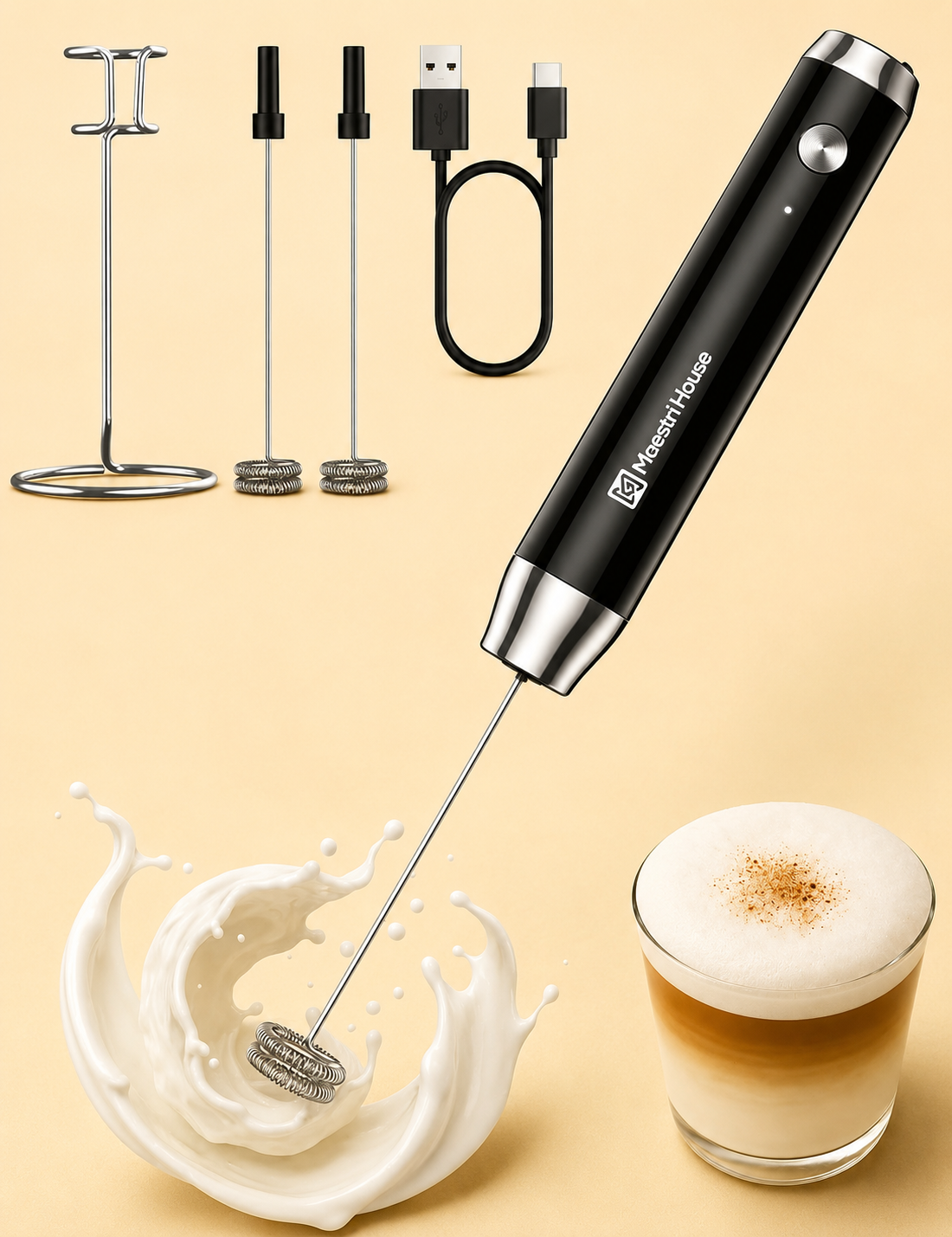 Maestri House Rechargeable Milk Frother with Stand, LunaFro Handheld Electric Foam Maker Waterproof Detachable Stainless Steel Whisk Drink Mixer Foamer for Lattes, Cappuccino