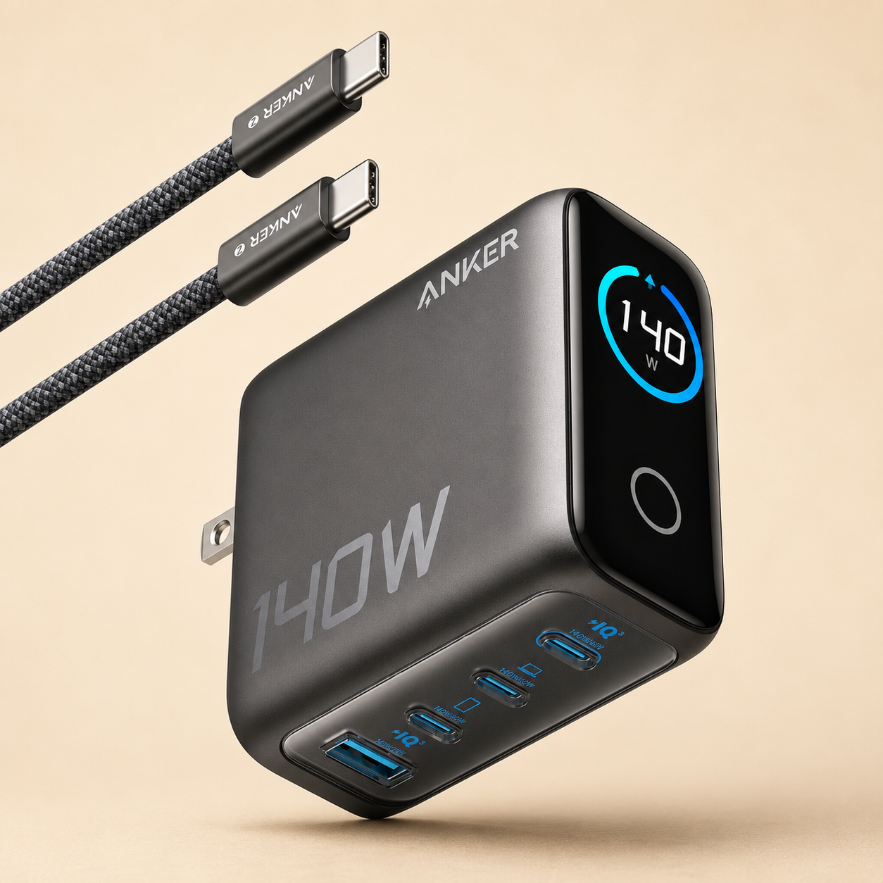 Anker 140W Max 4-Port GaN Charging Blocks,Smart Display for MacBook Charger