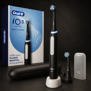 Oral-B iO Series 3 Limited Deep Clean Rechargeable Electric Toothbrush for Adults, Black, 3 Modes, Smart Pressure Sensor, Plaque Removal and Gum Care, 2 Replacement Brush Heads, Travel Case