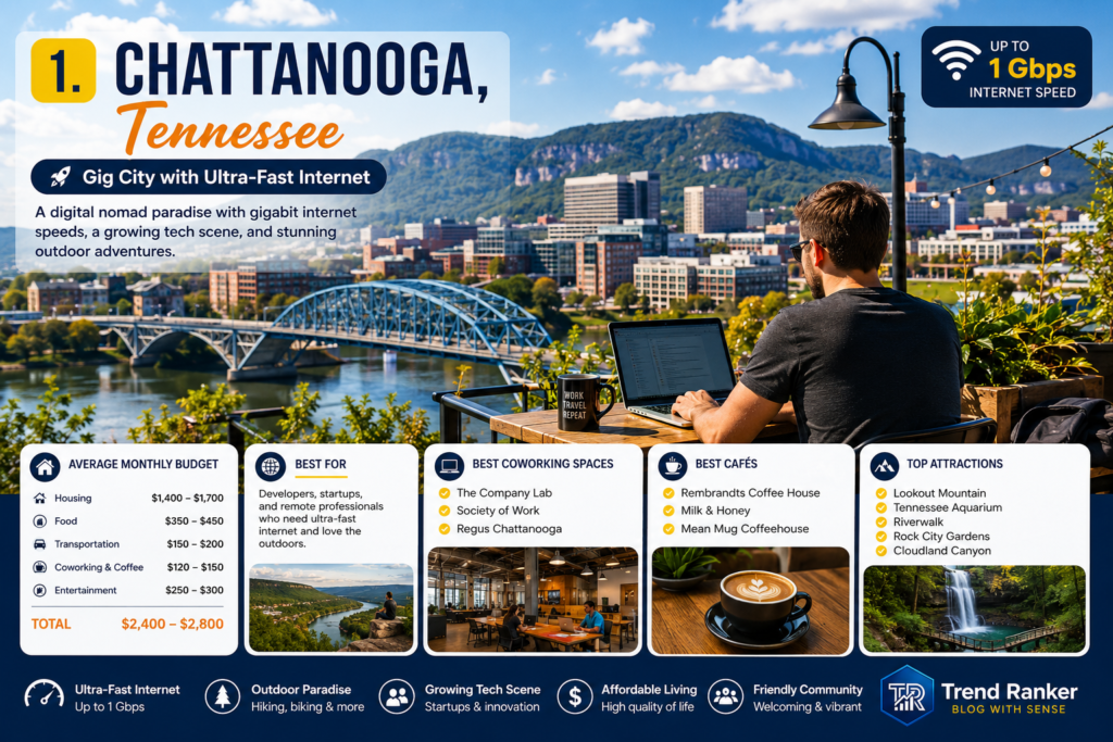 Chattanooga skyline with a digital nomad workspace
