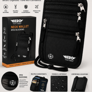 HERO Neck Wallet – RFID Blocking Passport Holder, Easy to Conceal Travel pouch