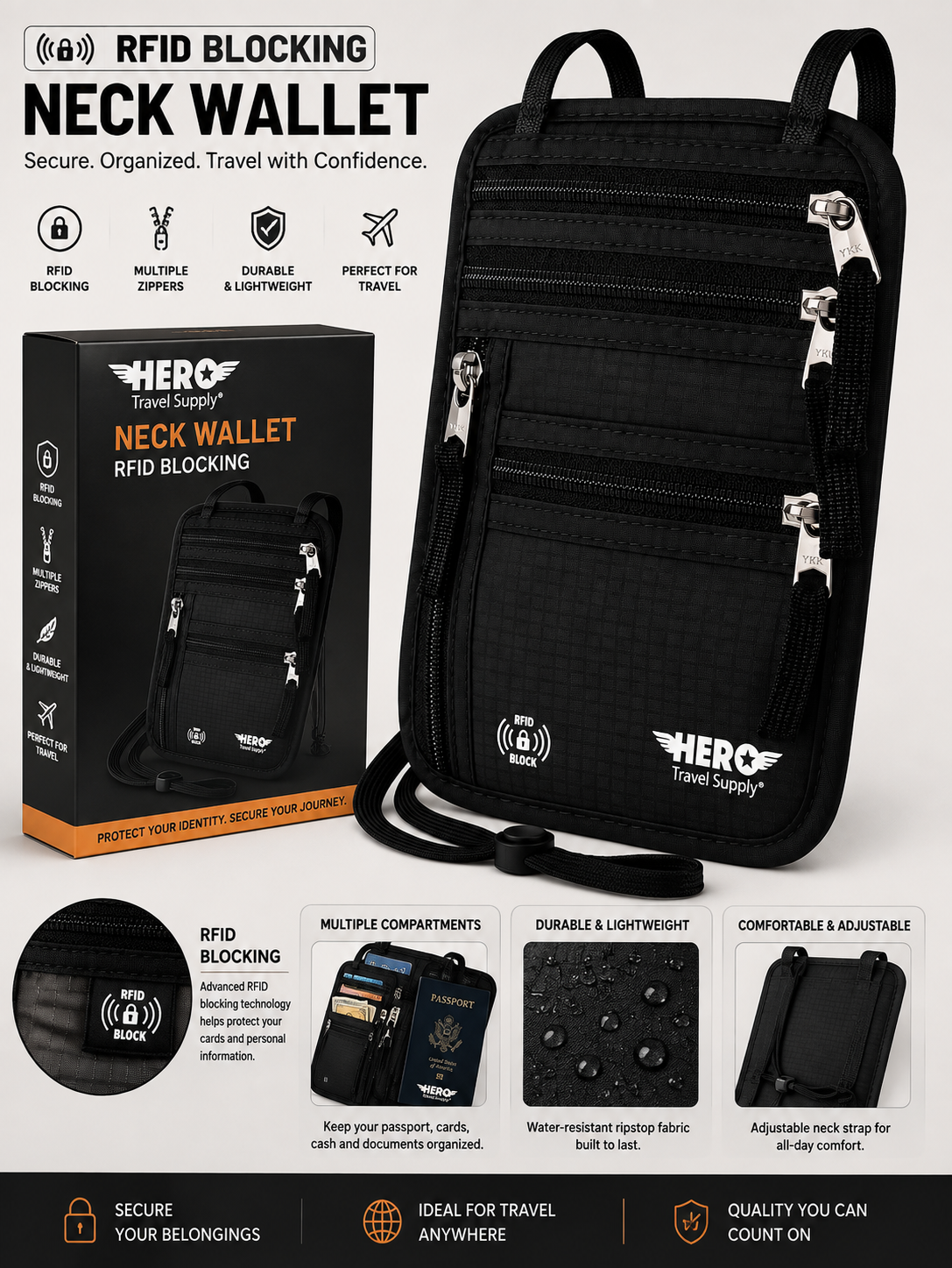 HERO Neck Wallet – RFID Blocking Passport Holder, Easy to Conceal Travel pouch
