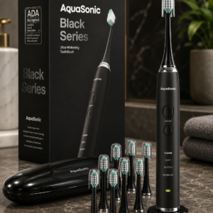 Aquasonic Black Series Ultra Whitening Toothbrush – ADA Accepted Electric Toothbrush- 8 Brush Heads & Travel Case – 40,000 VPM Electric Motor & Wireless Charging - 4 Modes w Smart Timer