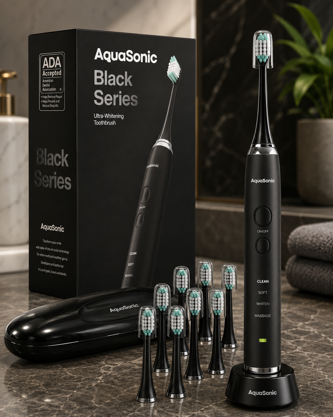 Aquasonic Black Series Ultra Whitening Toothbrush – ADA Accepted Electric Toothbrush- 8 Brush Heads & Travel Case – 40,000 VPM Electric Motor & Wireless Charging - 4 Modes w Smart Timer
