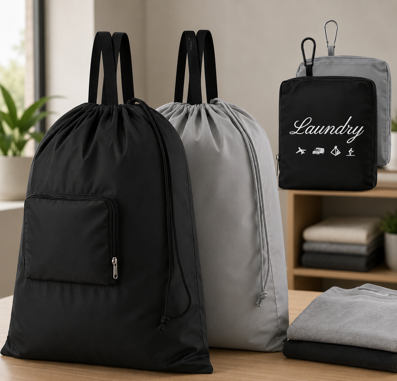 2 Pcs JHX Travel Laundry Bags, Dirty Clothes Organizer【Upgraded】with Handles and Aluminum Carabiner for Travel, Camp, Fitness, and Students (Black&Grey) 24"L x 21"W