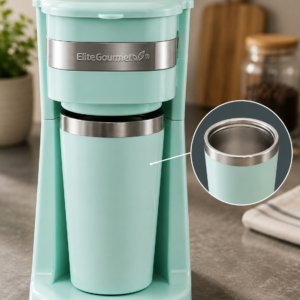 Elite Gourmet EHC113M Personal Single-Serve Compact Coffee Maker, Mint | Includes 14oz stainless steel interior thermal travel mug, reusable filter - compatible with coffee grounds
