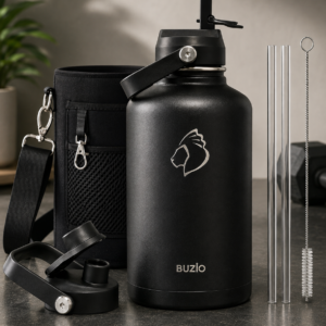 BUZIO 64 oz Insulated Stainless Steel Water Bottle with Dust-proof Lids | Half Gallon Water Jug (Dishwasher Safe), Cold for 48 Hrs, Triple Wall with Copper Plating, for Gym, Hiking, Camping, Black