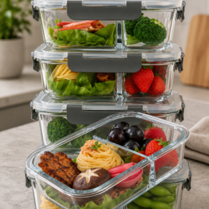 M MCIRCO 5 Pack,36 oz, 2 Compartments Glass Meal Prep Containers with Lids | Divided Glass Food Storage Containers, Portion Control Lunch Containers, Microwave, Oven, Freezer, Dishwasher, 4.5 Cups, Gray