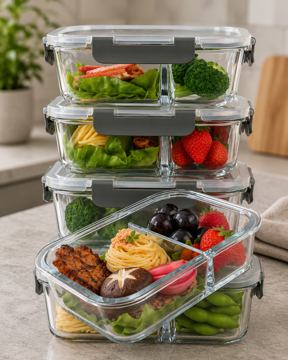 M MCIRCO 5 Pack,36 oz, 2 Compartments Glass Meal Prep Containers with Lids | Divided Glass Food Storage Containers, Portion Control Lunch Containers, Microwave, Oven, Freezer, Dishwasher, 4.5 Cups, Gray